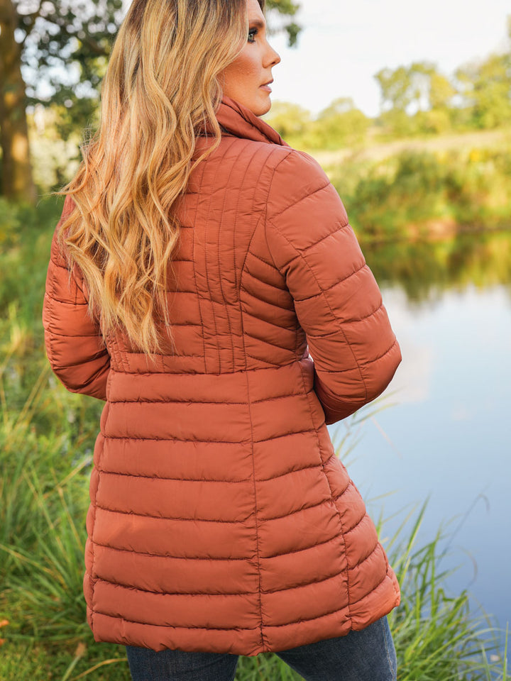 Long Quilted Puffer Coat in Copper