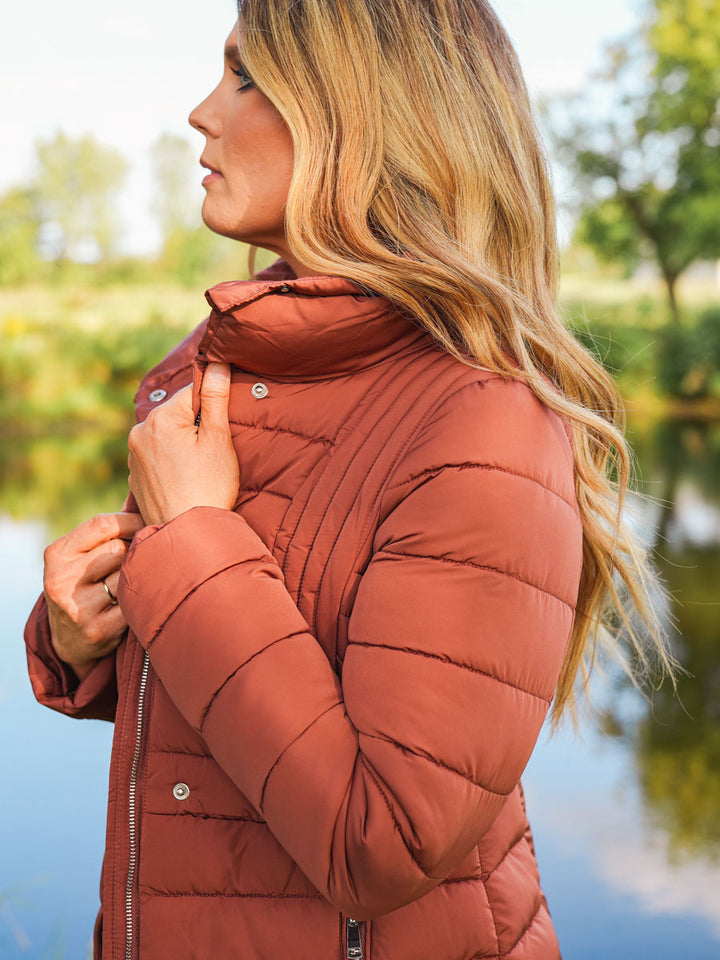 Long Quilted Puffer Coat in Copper