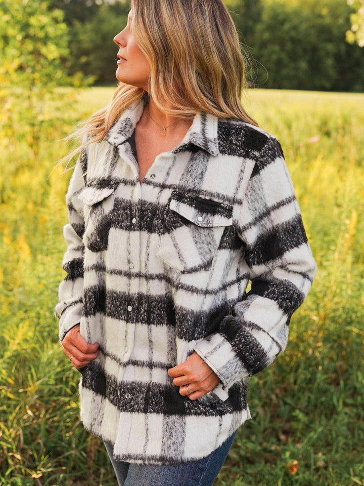 Black and white brushed plaid shacket