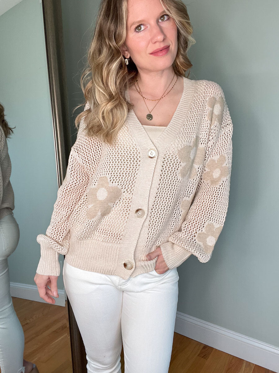 Daisy Print Open Knit Button Up Cardigan in Taupe