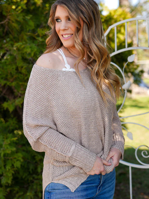 Taupe Off the Shoulder Lightweight Sweater