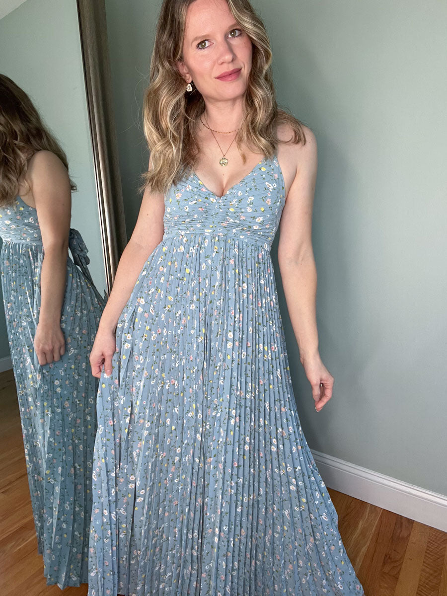 Blue Floral Pleated Maxi Dress