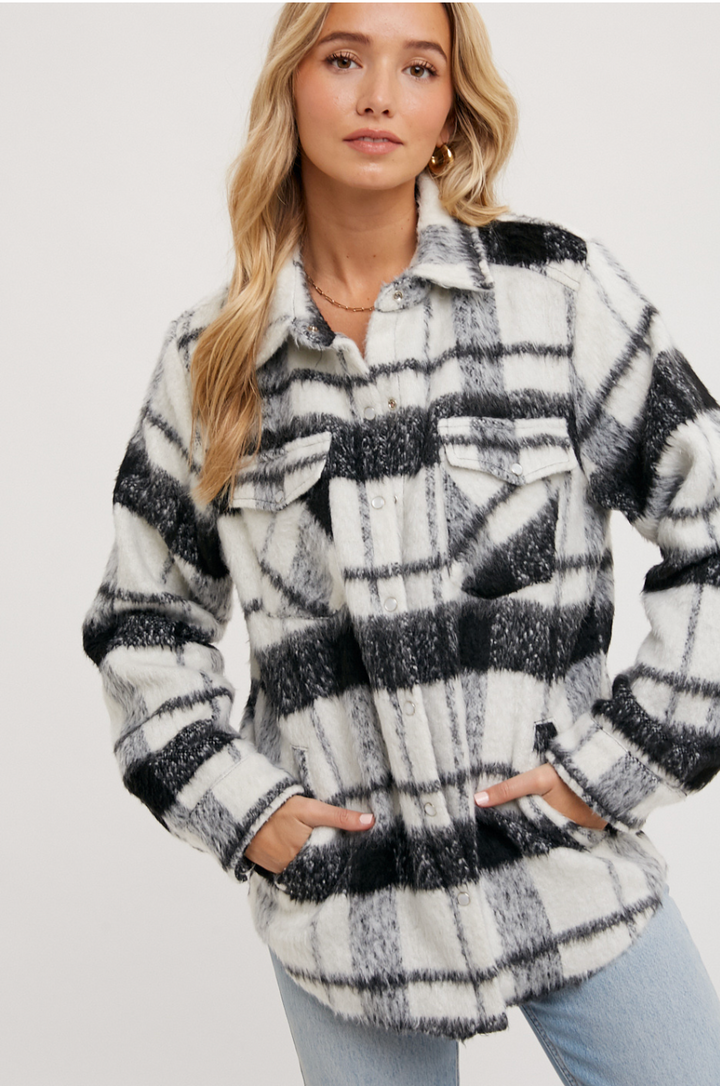 Black and white brushed plaid shacket