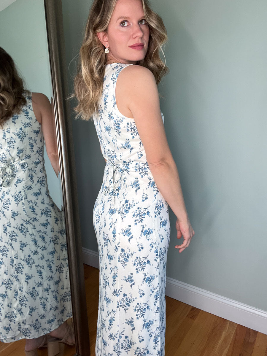 Ivory and blue floral sleeveless button up midi dress