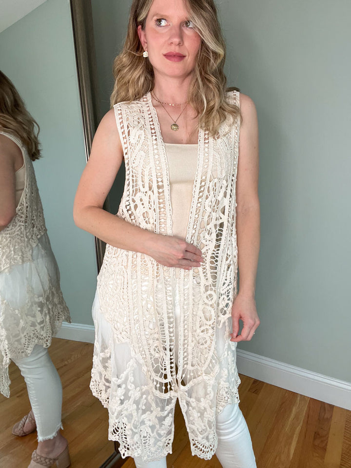 Long Crochet Vest in Natural