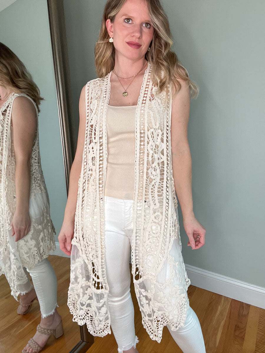 Long Crochet Vest in Natural